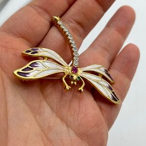 Dragonfly Brooch Pin Gold Tone Purple White Rhinestone Insect Jewelry‎
